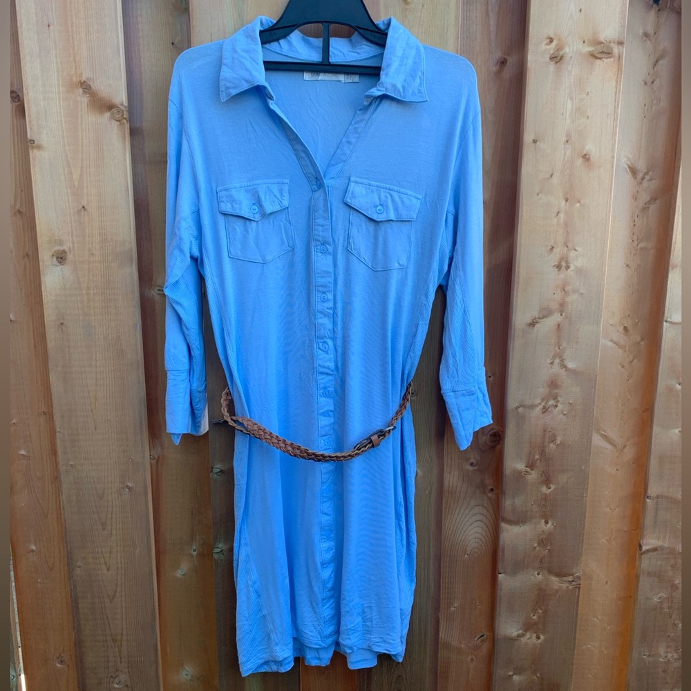 Women’s Blue Button Up Shirt with Belt Size Large LG